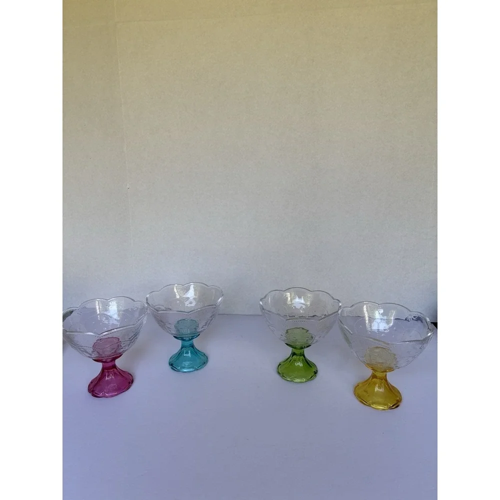 Vintage Indiana Glass Crown Kings Crown Footed Dessert Bowls Set 4 Colored Stems